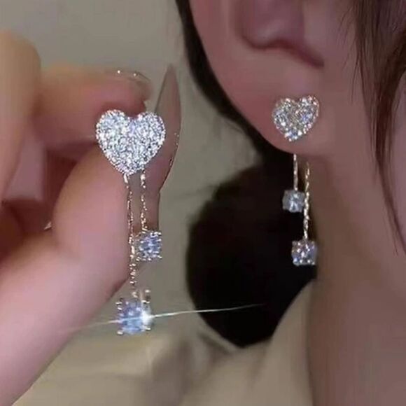 3for$20 NEW 1pair Fashion Heart Rhinestone Tassel Earring Jackets Drop Earrings - Picture 1 of 5